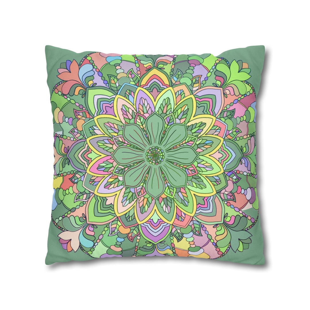 Spun Polyester Square Pillowcase Mandala Art - Original Fine Art - Hand - drawn - Pastel colors, Light Moss Green - Blululi