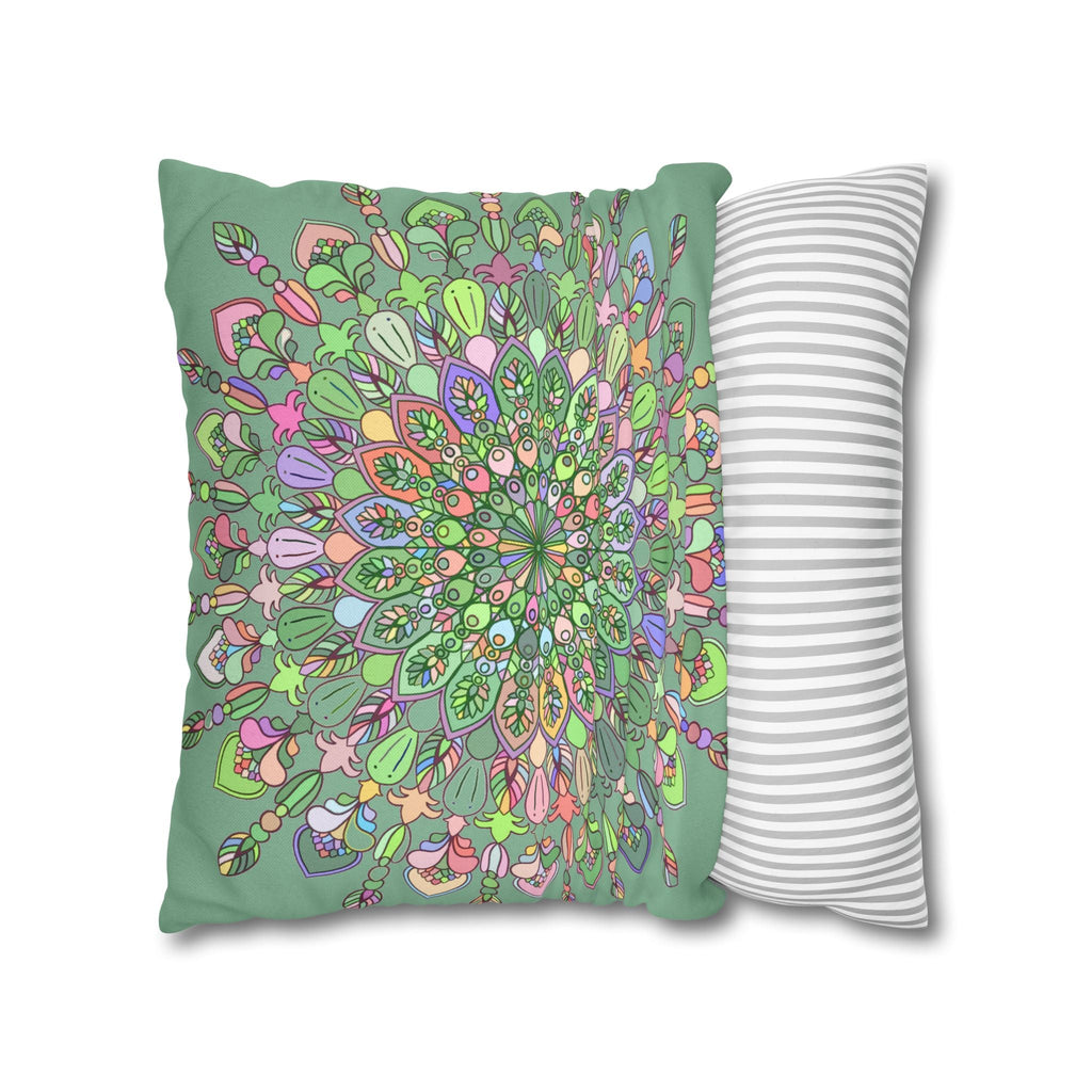 Spun Polyester Square Pillowcase Mandala Art - Original Fine Art - Hand - drawn - Pastel colors, Light Moss Green - Blululi