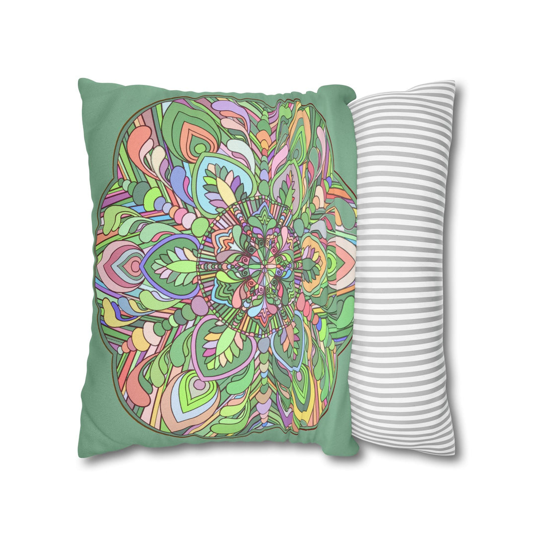 Spun Polyester Square Pillowcase Mandala Art - Original Fine Art - Hand - drawn - Pastel colors, Light Moss Green - Blululi