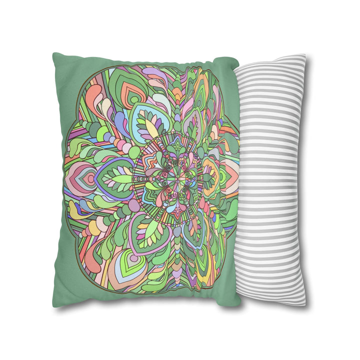 Spun Polyester Square Pillowcase Mandala Art - Original Fine Art - Hand - drawn - Pastel colors, Light Moss Green - Blululi