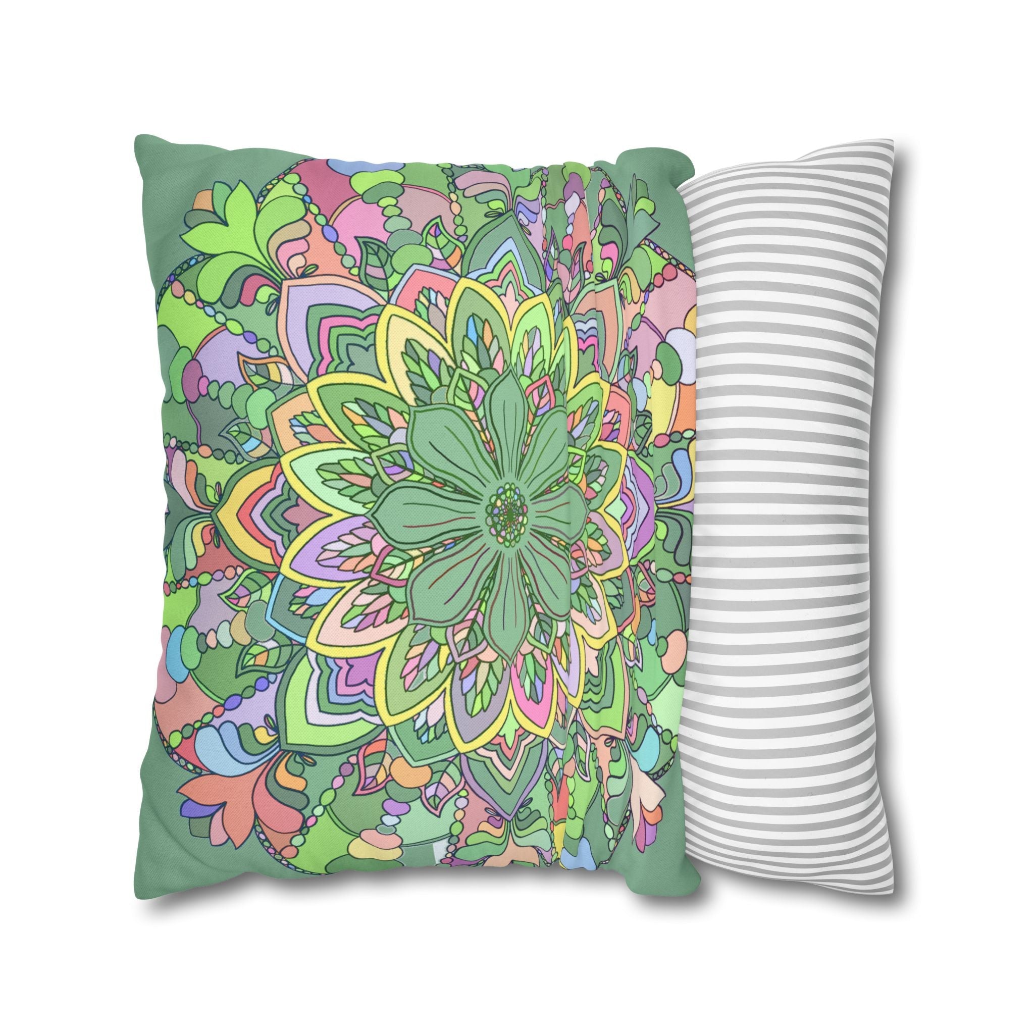 Spun Polyester Square Pillowcase Mandala Art - Original Fine Art - Hand - drawn - Pastel colors, Light Moss Green - Blululi