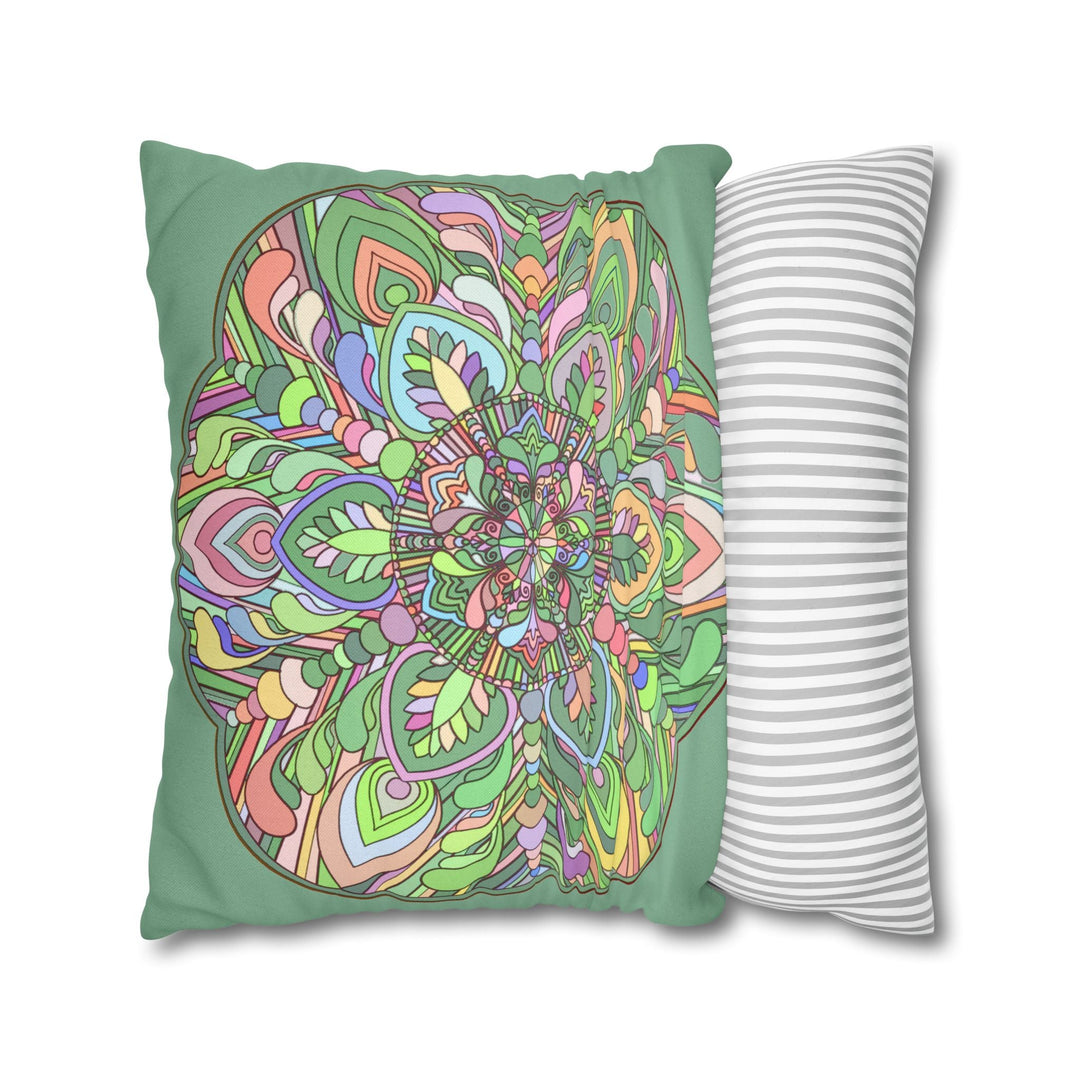 Spun Polyester Square Pillowcase Mandala Art - Original Fine Art - Hand - drawn - Pastel colors, Light Moss Green - Blululi