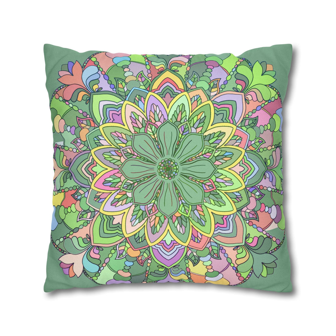 Spun Polyester Square Pillowcase Mandala Art - Original Fine Art - Hand - drawn - Pastel colors, Light Moss Green - Blululi