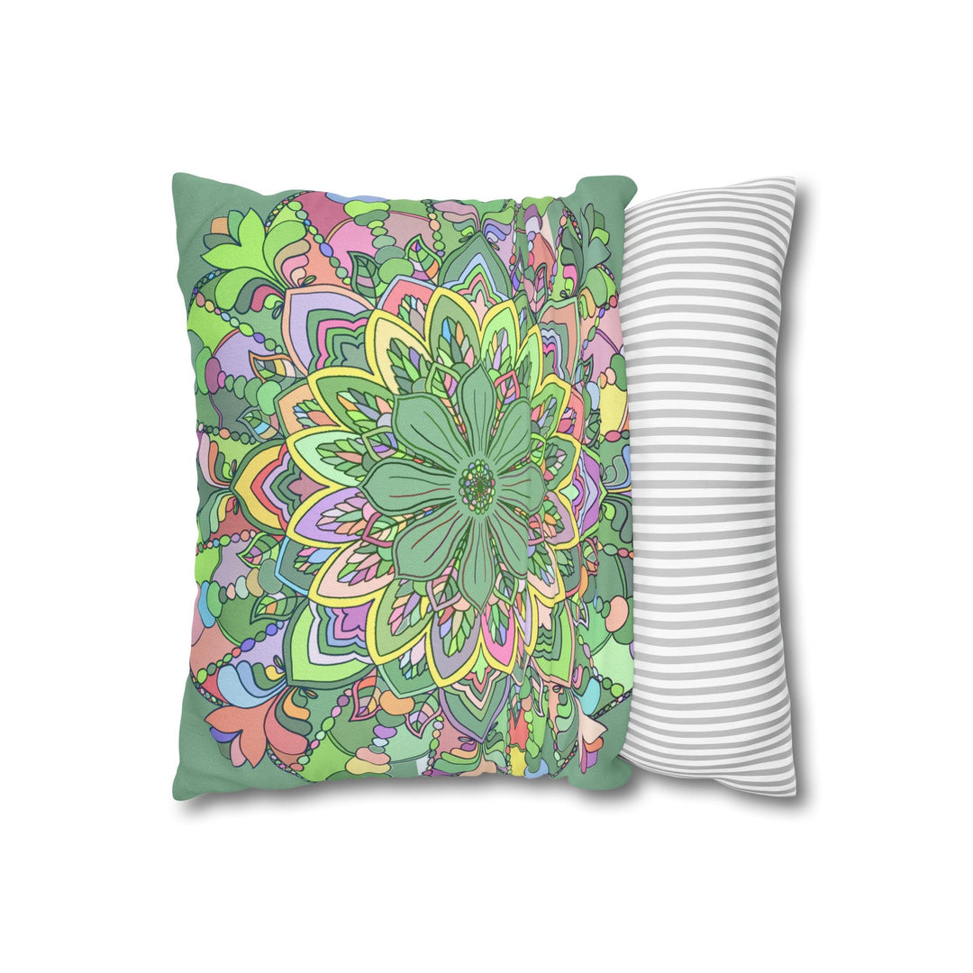 Spun Polyester Square Pillowcase Mandala Art - Original Fine Art - Hand - drawn - Pastel colors, Light Moss Green - Blululi