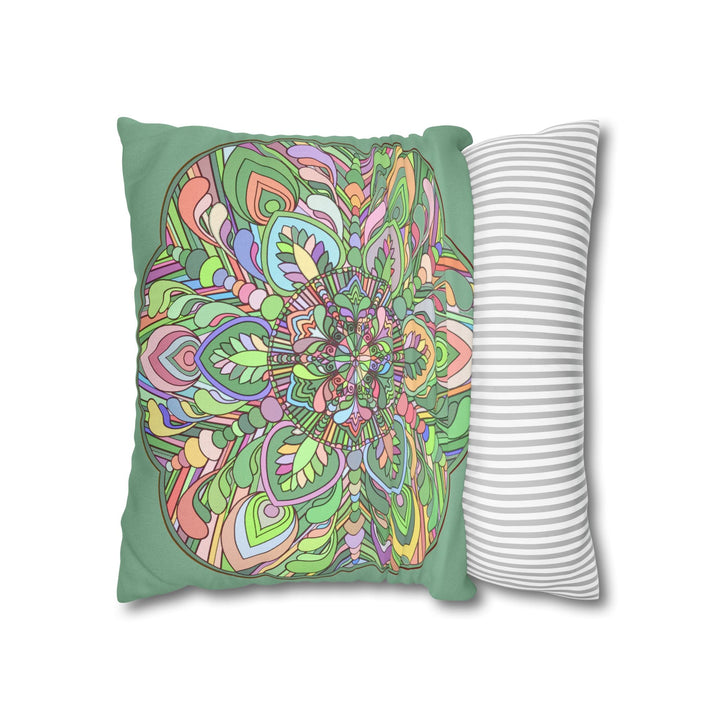 Spun Polyester Square Pillowcase Mandala Art - Original Fine Art - Hand - drawn - Pastel colors, Light Moss Green - Blululi