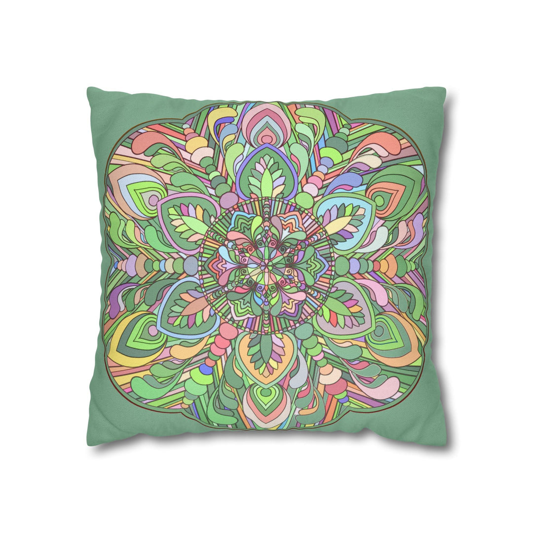 Spun Polyester Square Pillowcase Mandala Art - Original Fine Art - Hand - drawn - Pastel colors, Light Moss Green - Blululi