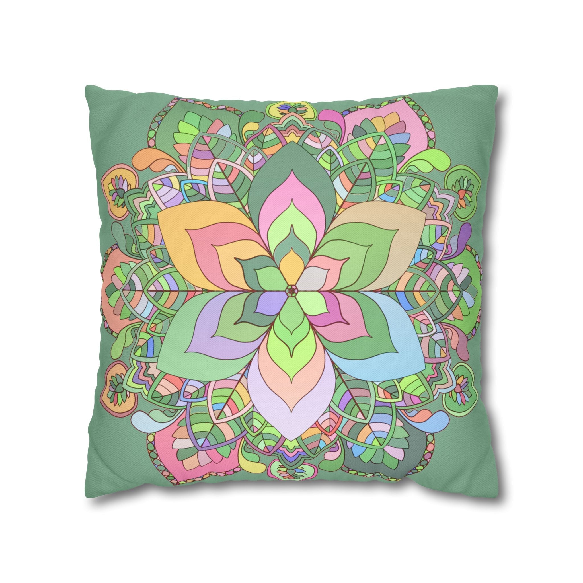 Spun Polyester Square Pillowcase Mandala Art - Original Fine Art - Hand - drawn - Pastel colors, Light Moss Green - Blululi