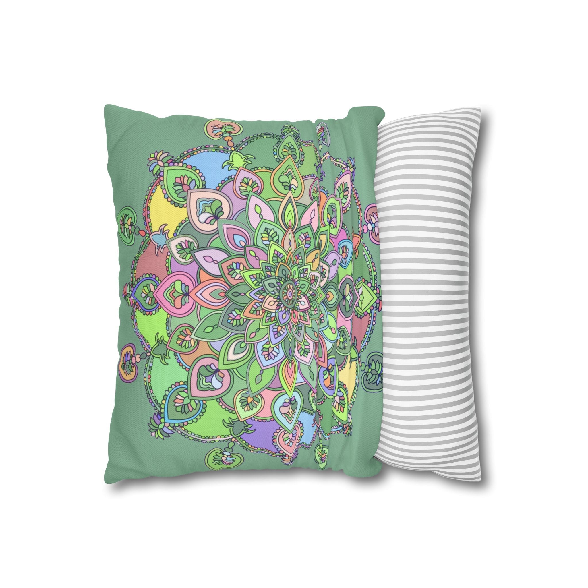 Spun Polyester Square Pillowcase Mandala Art - Original Fine Art - Hand - drawn - Pastel colors, Light Moss Green - Blululi