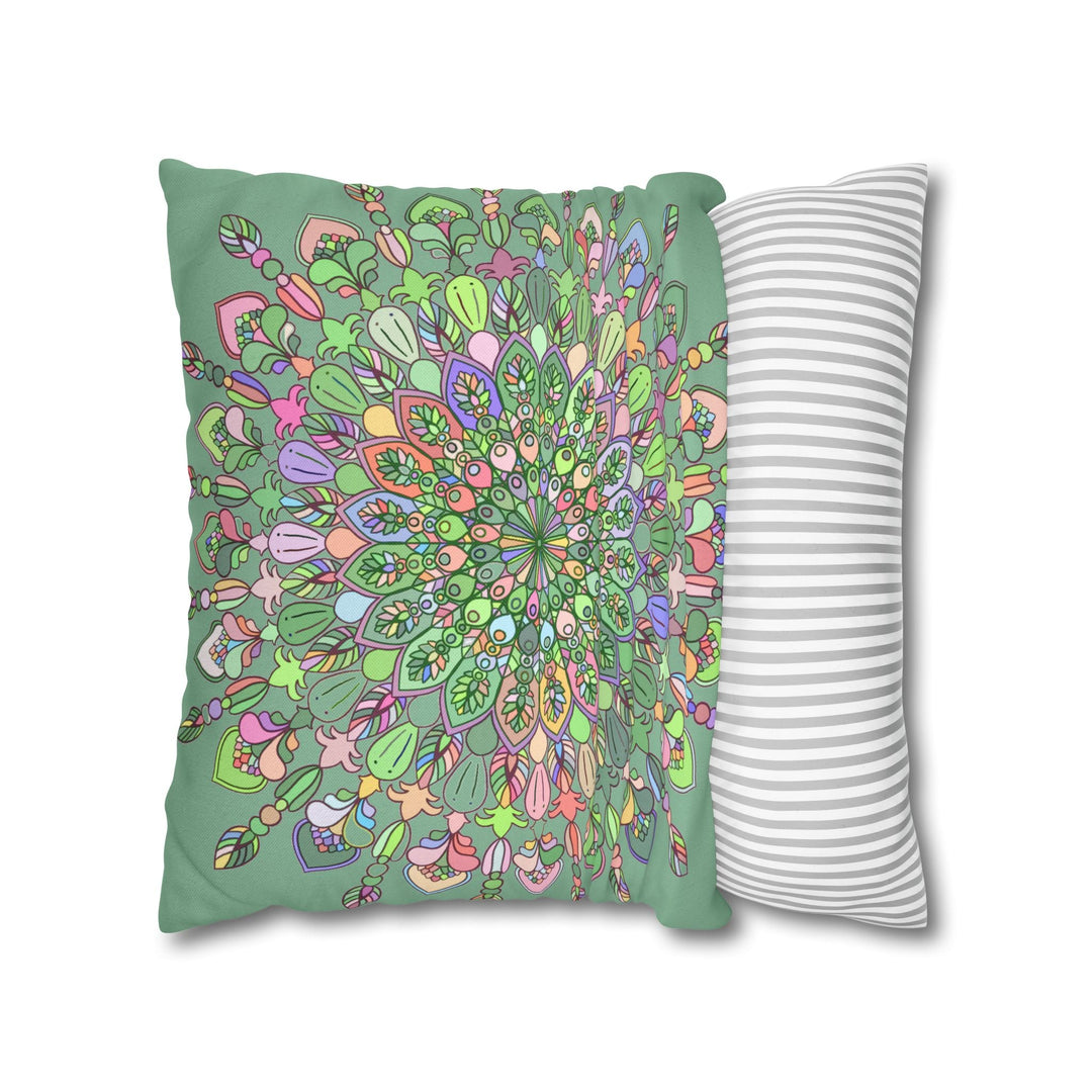 Spun Polyester Square Pillowcase Mandala Art - Original Fine Art - Hand - drawn - Pastel colors, Light Moss Green - Blululi