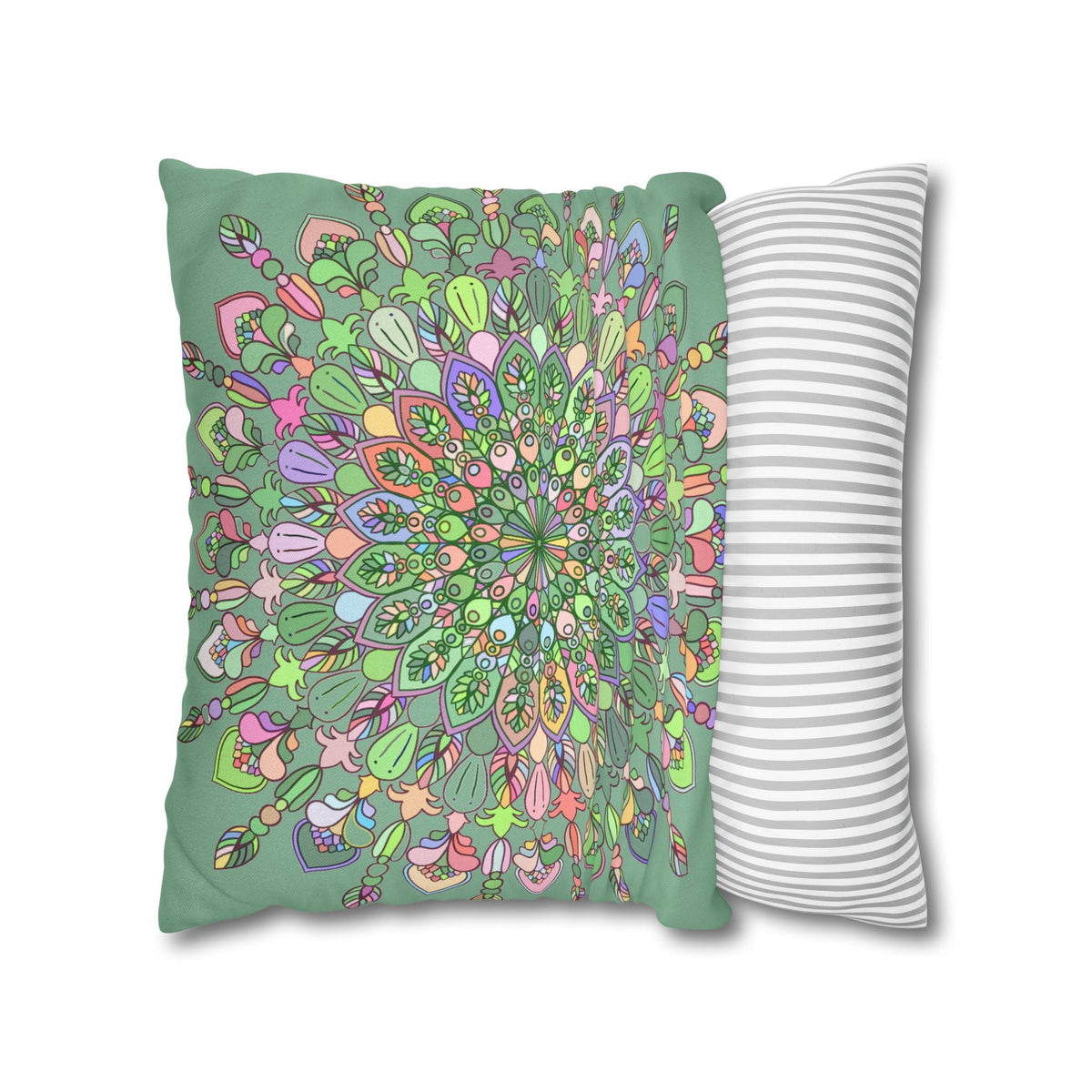Spun Polyester Square Pillowcase Mandala Art - Original Fine Art - Hand - drawn - Pastel colors, Light Moss Green - Blululi