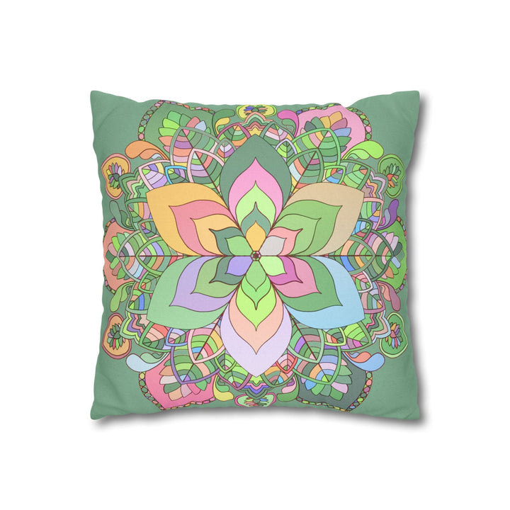 Spun Polyester Square Pillowcase Mandala Art - Original Fine Art - Hand - drawn - Pastel colors, Light Moss Green - Blululi