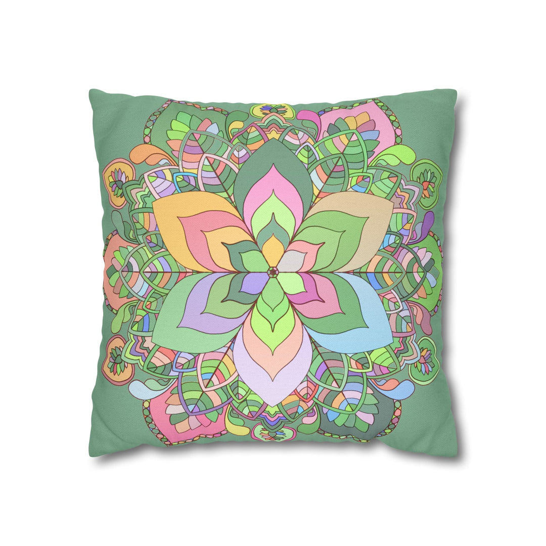 Spun Polyester Square Pillowcase Mandala Art - Original Fine Art - Hand - drawn - Pastel colors, Light Moss Green - Blululi