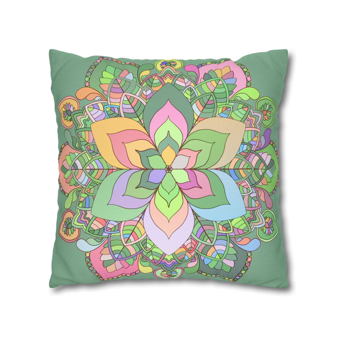 Spun Polyester Square Pillowcase Mandala Art - Original Fine Art - Hand - drawn - Pastel colors, Light Moss Green - Blululi