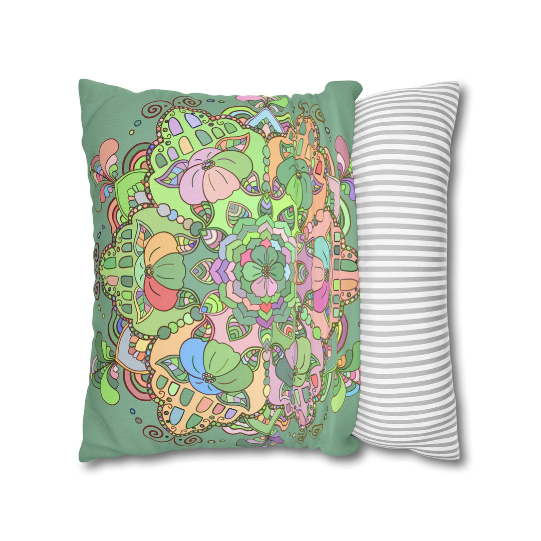 Spun Polyester Square Pillowcase Mandala Art - Original Fine Art - Hand - drawn - Pastel colors, Light Moss Green - Blululi