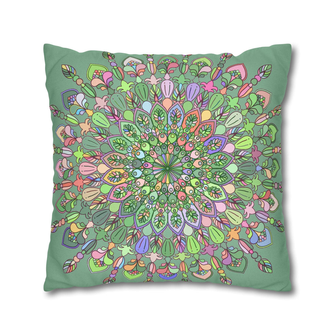 Spun Polyester Square Pillowcase Mandala Art - Original Fine Art - Hand - drawn - Pastel colors, Light Moss Green - Blululi