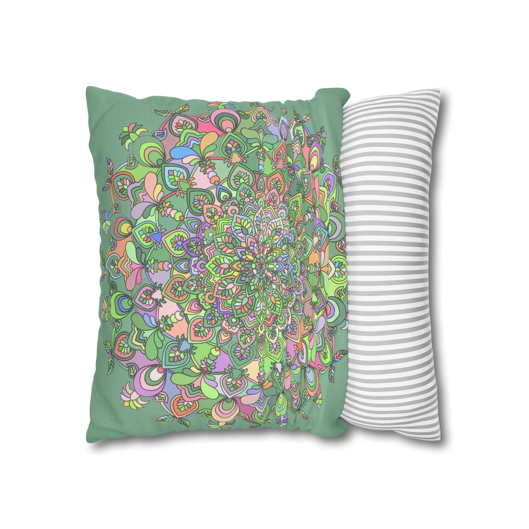 Spun Polyester Square Pillowcase Mandala Art - Original Fine Art - Hand - drawn - Pastel colors, Light Moss Green - Blululi