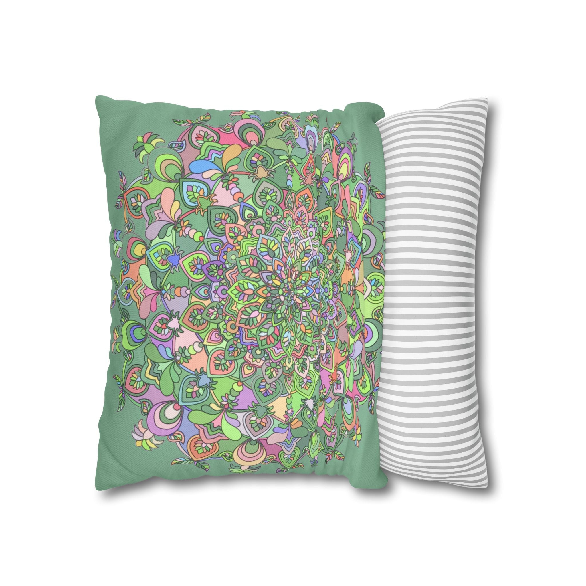 Spun Polyester Square Pillowcase Mandala Art - Original Fine Art - Hand - drawn - Pastel colors, Light Moss Green - Blululi