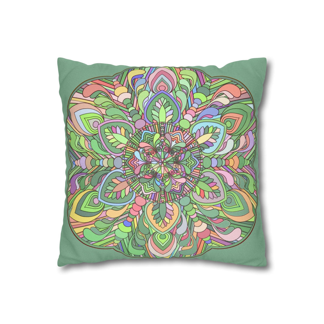 Spun Polyester Square Pillowcase Mandala Art - Original Fine Art - Hand - drawn - Pastel colors, Light Moss Green - Blululi