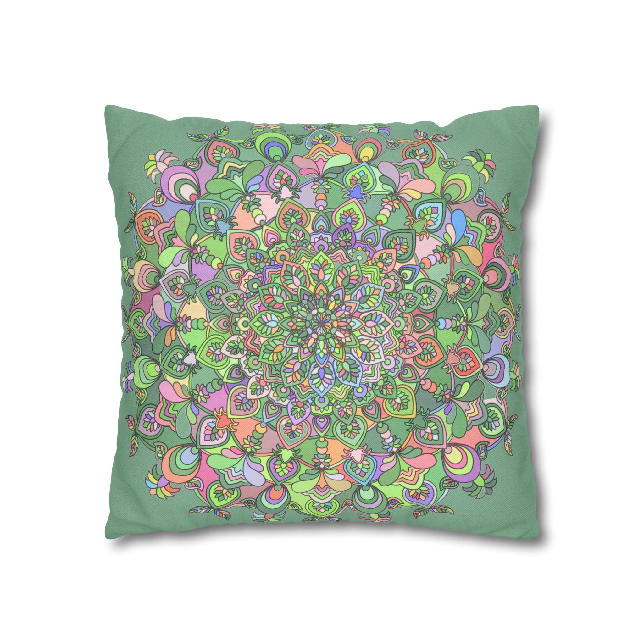 Spun Polyester Square Pillowcase Mandala Art - Original Fine Art - Hand - drawn - Pastel colors, Light Moss Green - Blululi