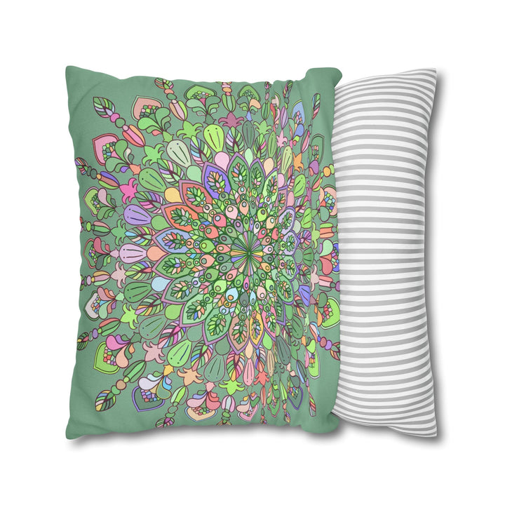 Spun Polyester Square Pillowcase Mandala Art - Original Fine Art - Hand - drawn - Pastel colors, Light Moss Green - Blululi