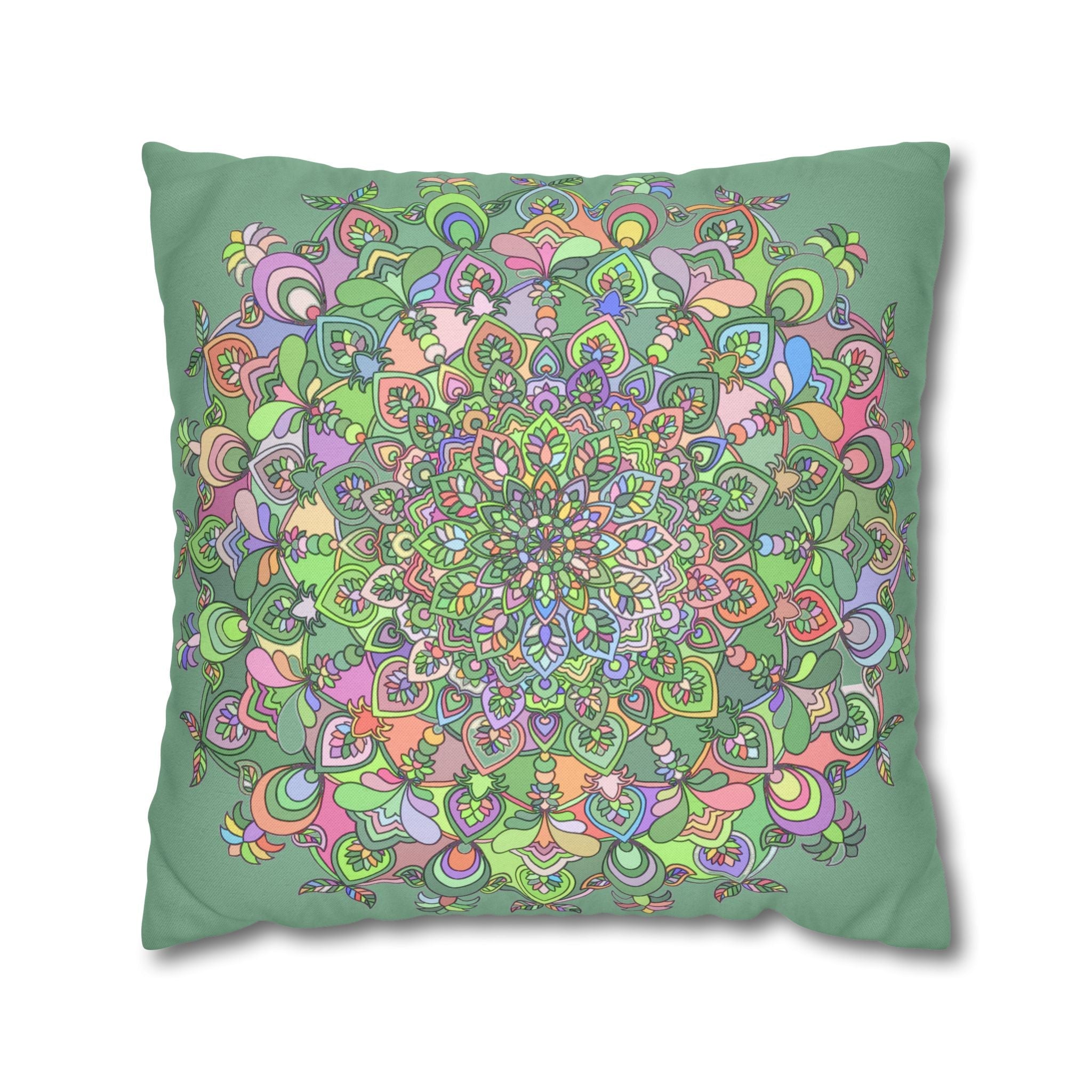 Spun Polyester Square Pillowcase Mandala Art - Original Fine Art - Hand - drawn - Pastel colors, Light Moss Green - Blululi