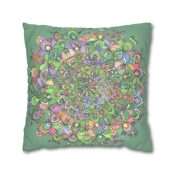 Spun Polyester Square Pillowcase Mandala Art - Original Fine Art - Hand - drawn - Pastel colors, Light Moss Green - Blululi