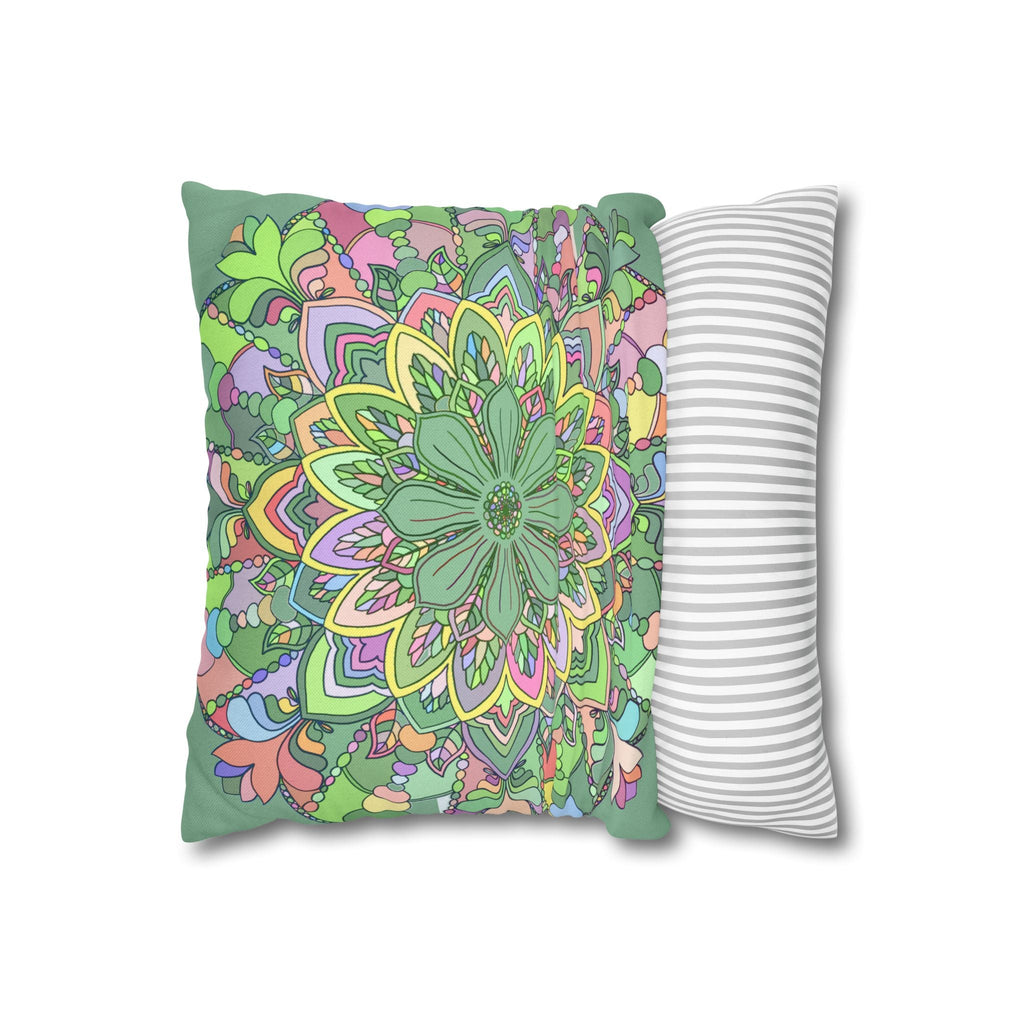 Spun Polyester Square Pillowcase Mandala Art - Original Fine Art - Hand - drawn - Pastel colors, Light Moss Green - Blululi