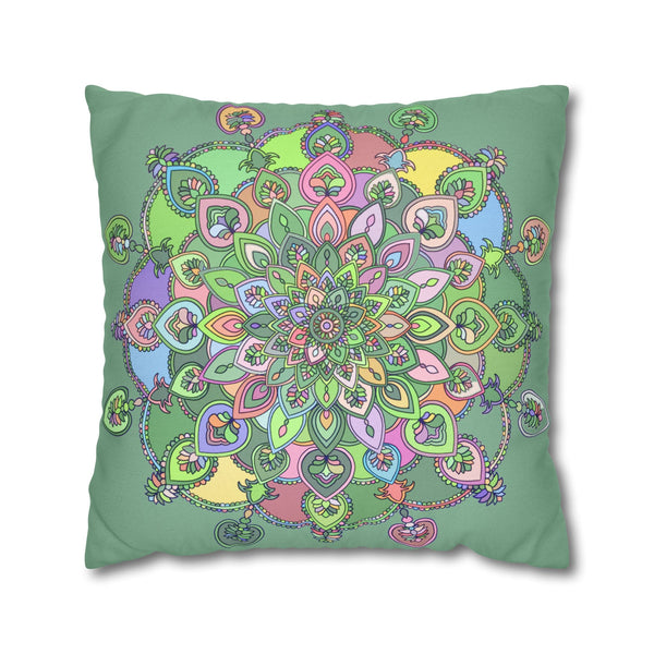 Spun Polyester Square Pillowcase Mandala Art - Original Fine Art - Hand - drawn - Pastel colors, Light Moss Green - Blululi