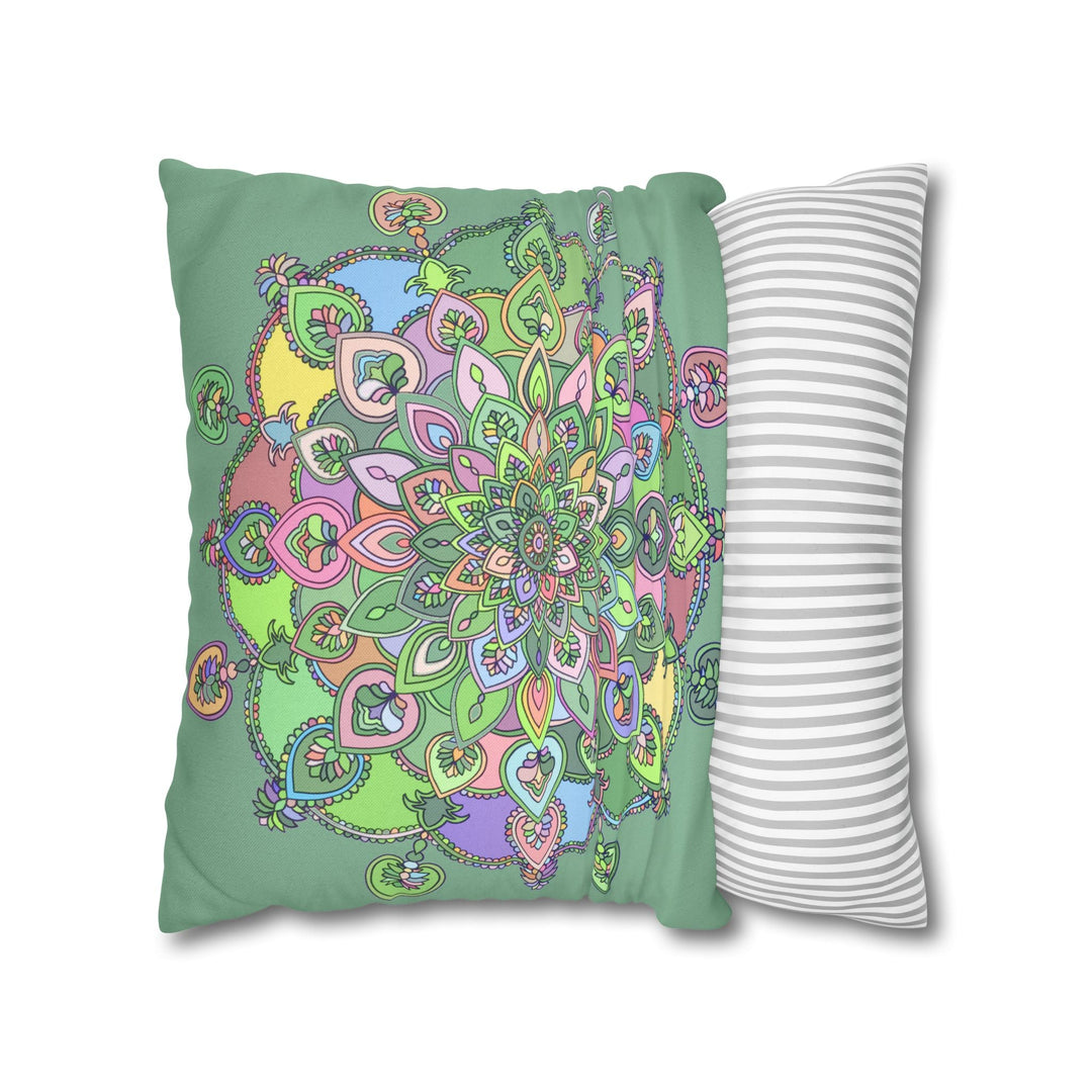 Spun Polyester Square Pillowcase Mandala Art - Original Fine Art - Hand - drawn - Pastel colors, Light Moss Green - Blululi