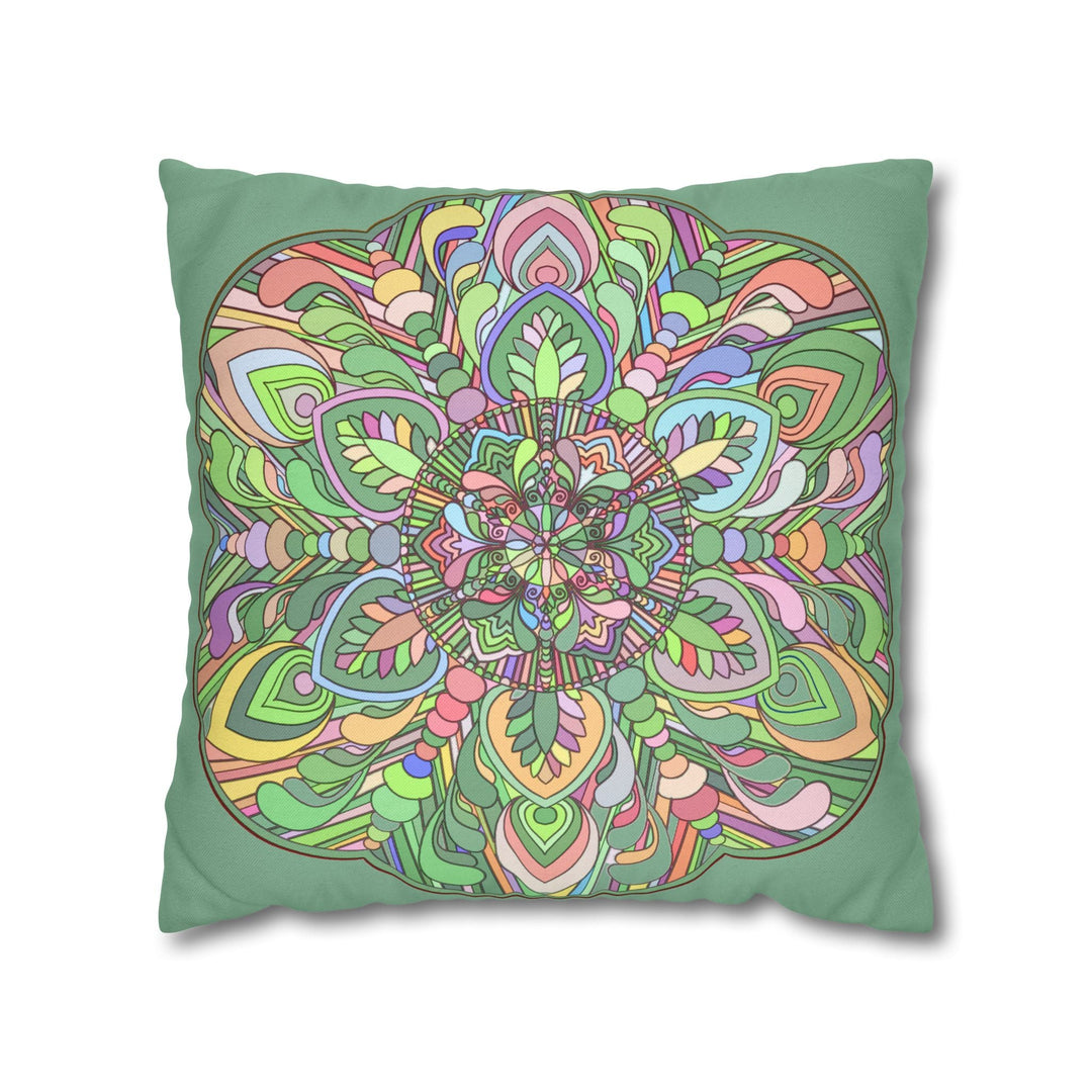 Spun Polyester Square Pillowcase Mandala Art - Original Fine Art - Hand - drawn - Pastel colors, Light Moss Green - Blululi