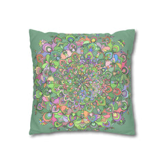 Spun Polyester Square Pillowcase Mandala Art - Original Fine Art - Hand - drawn - Pastel colors, Light Moss Green - Blululi