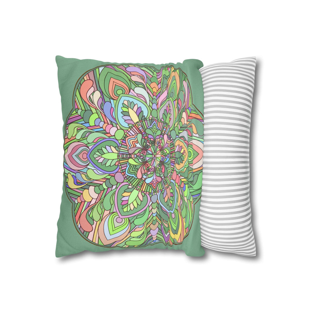 Spun Polyester Square Pillowcase Mandala Art - Original Fine Art - Hand - drawn - Pastel colors, Light Moss Green - Blululi