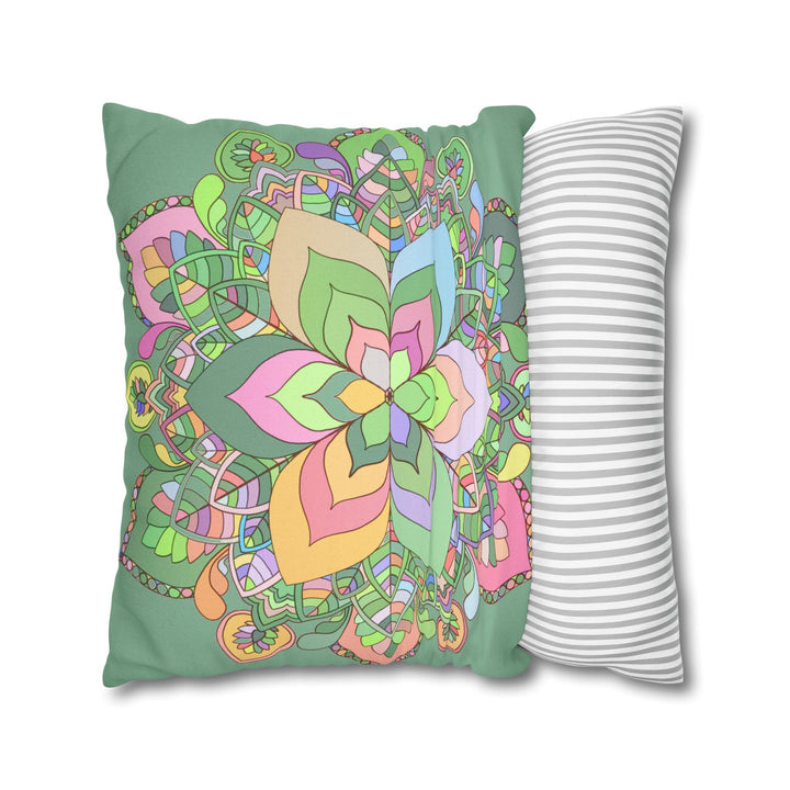 Spun Polyester Square Pillowcase Mandala Art - Original Fine Art - Hand - drawn - Pastel colors, Light Moss Green - Blululi