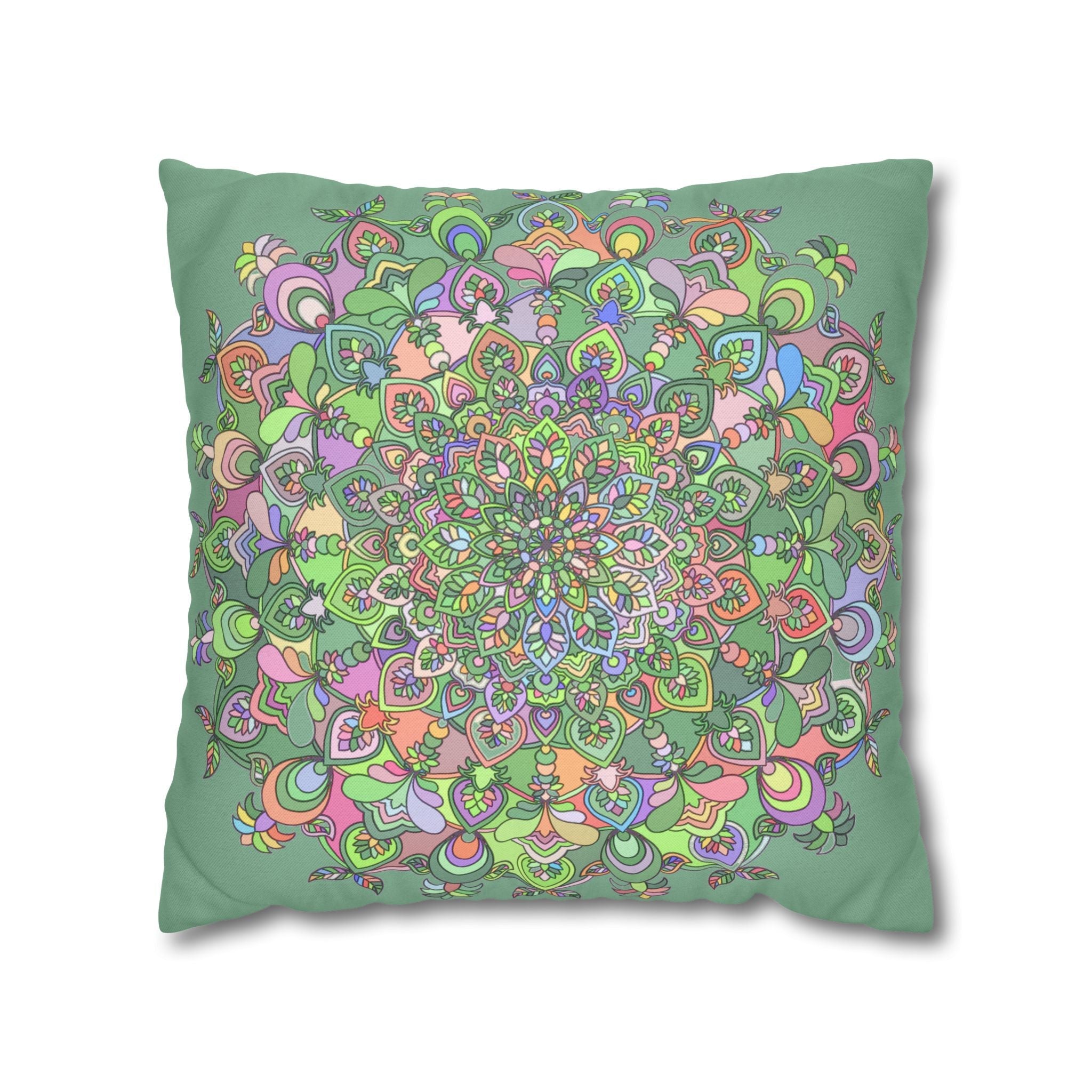 Spun Polyester Square Pillowcase Mandala Art - Original Fine Art - Hand - drawn - Pastel colors, Light Moss Green - Blululi