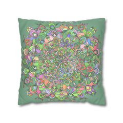 Spun Polyester Square Pillowcase Mandala Art - Original Fine Art - Hand - drawn - Pastel colors, Light Moss Green - Blululi