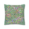 Spun Polyester Square Pillowcase Mandala Art - Original Fine Art - Hand - drawn - Pastel colors, Light Moss Green - Blululi