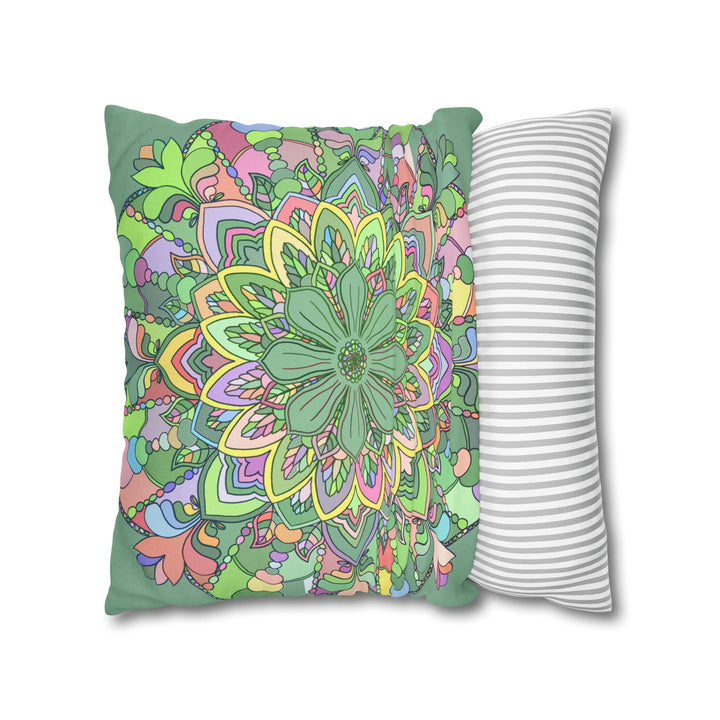 Spun Polyester Square Pillowcase Mandala Art - Original Fine Art - Hand - drawn - Pastel colors, Light Moss Green - Blululi