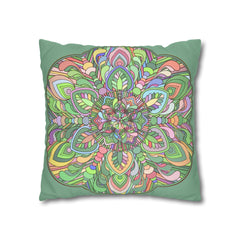Spun Polyester Square Pillowcase Mandala Art - Original Fine Art - Hand - drawn - Pastel colors, Light Moss Green - Blululi