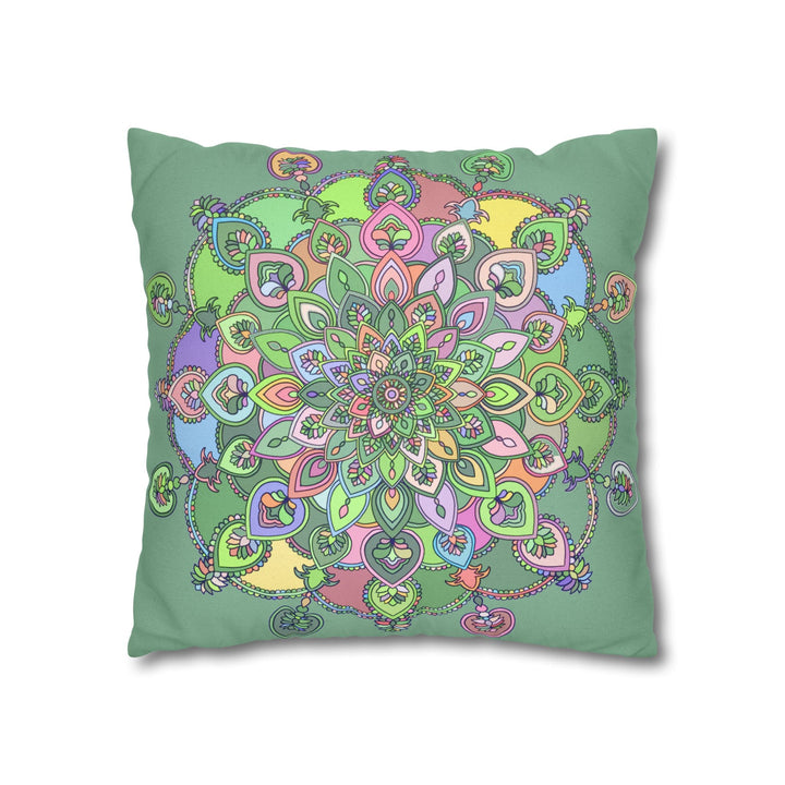 Spun Polyester Square Pillowcase Mandala Art - Original Fine Art - Hand - drawn - Pastel colors, Light Moss Green - Blululi