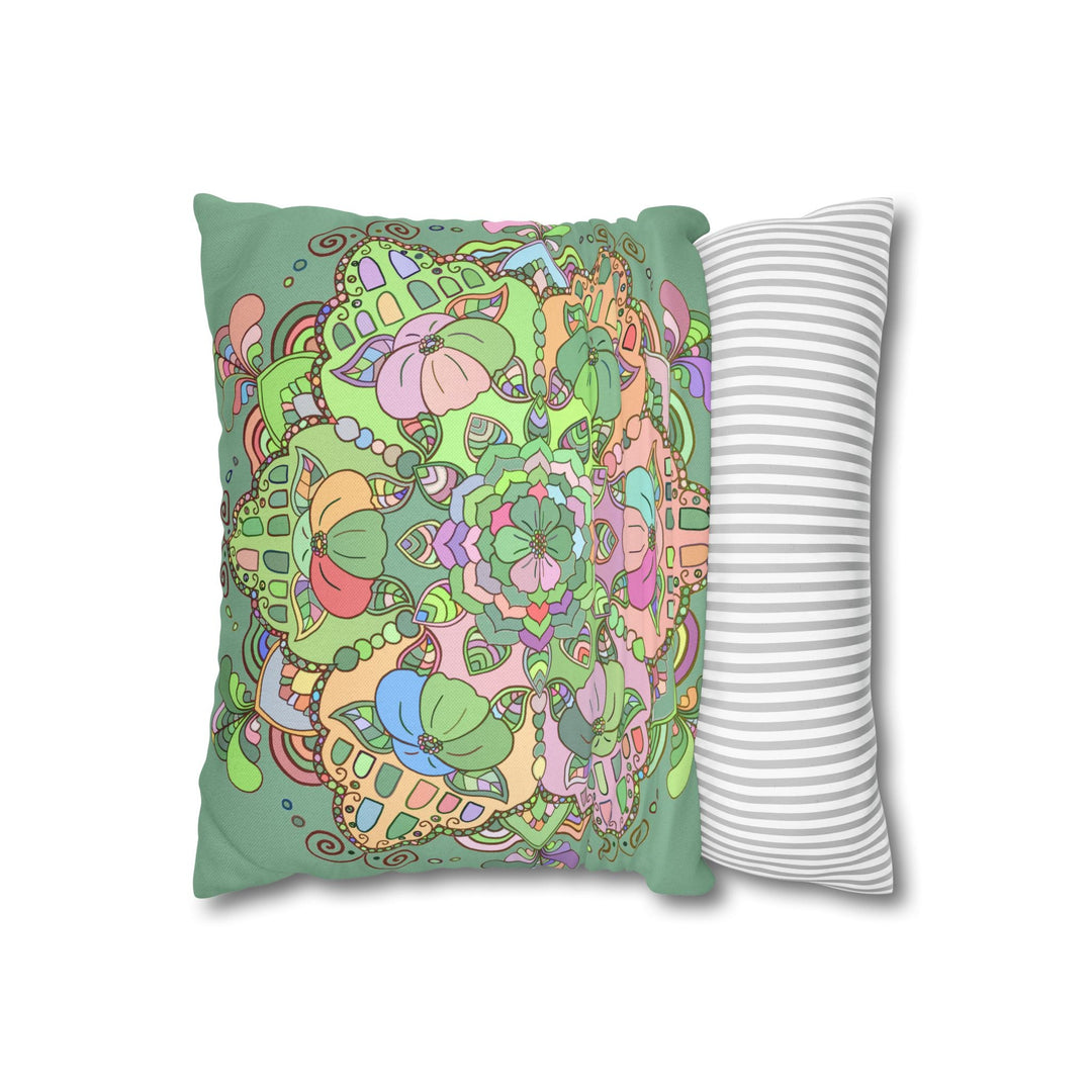 Spun Polyester Square Pillowcase Mandala Art - Original Fine Art - Hand - drawn - Pastel colors, Light Moss Green - Blululi