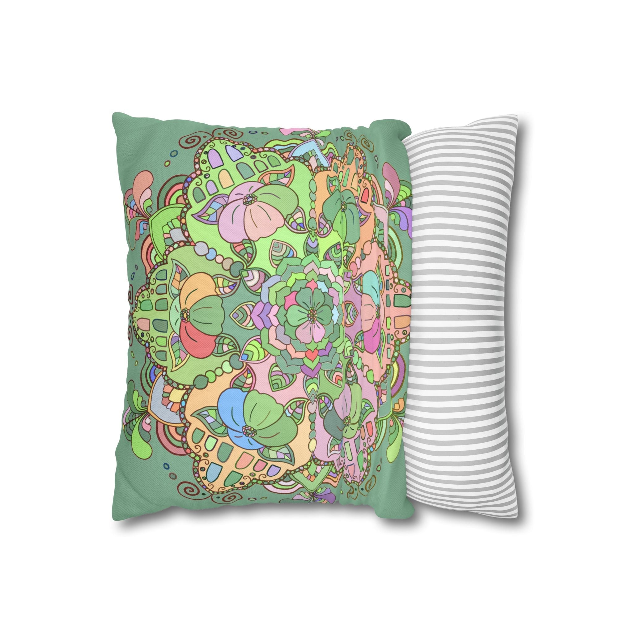 Spun Polyester Square Pillowcase Mandala Art - Original Fine Art - Hand - drawn - Pastel colors, Light Moss Green - Blululi