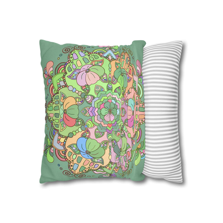 Spun Polyester Square Pillowcase Mandala Art - Original Fine Art - Hand - drawn - Pastel colors, Light Moss Green - Blululi