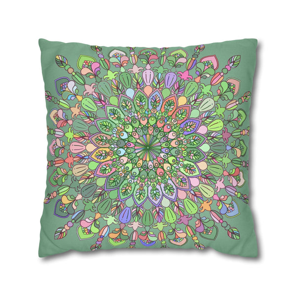 Spun Polyester Square Pillowcase Mandala Art - Original Fine Art - Hand - drawn - Pastel colors, Light Moss Green - Blululi