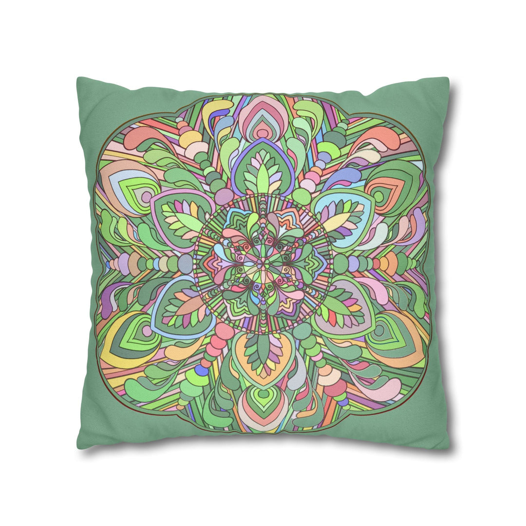 Spun Polyester Square Pillowcase Mandala Art - Original Fine Art - Hand - drawn - Pastel colors, Light Moss Green - Blululi