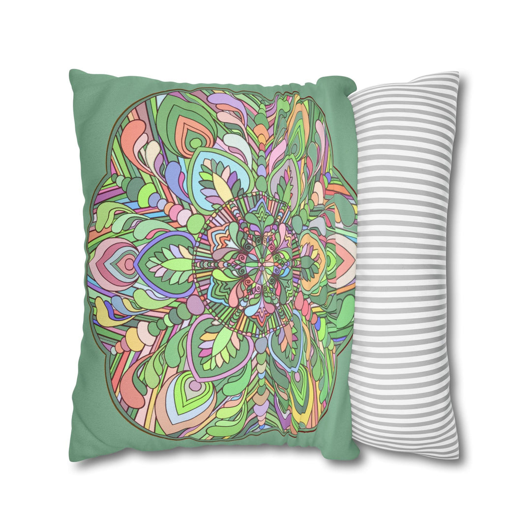 Spun Polyester Square Pillowcase Mandala Art - Original Fine Art - Hand - drawn - Pastel colors, Light Moss Green - Blululi