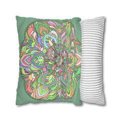 Spun Polyester Square Pillowcase Mandala Art - Original Fine Art - Hand - drawn - Pastel colors, Light Moss Green - Blululi