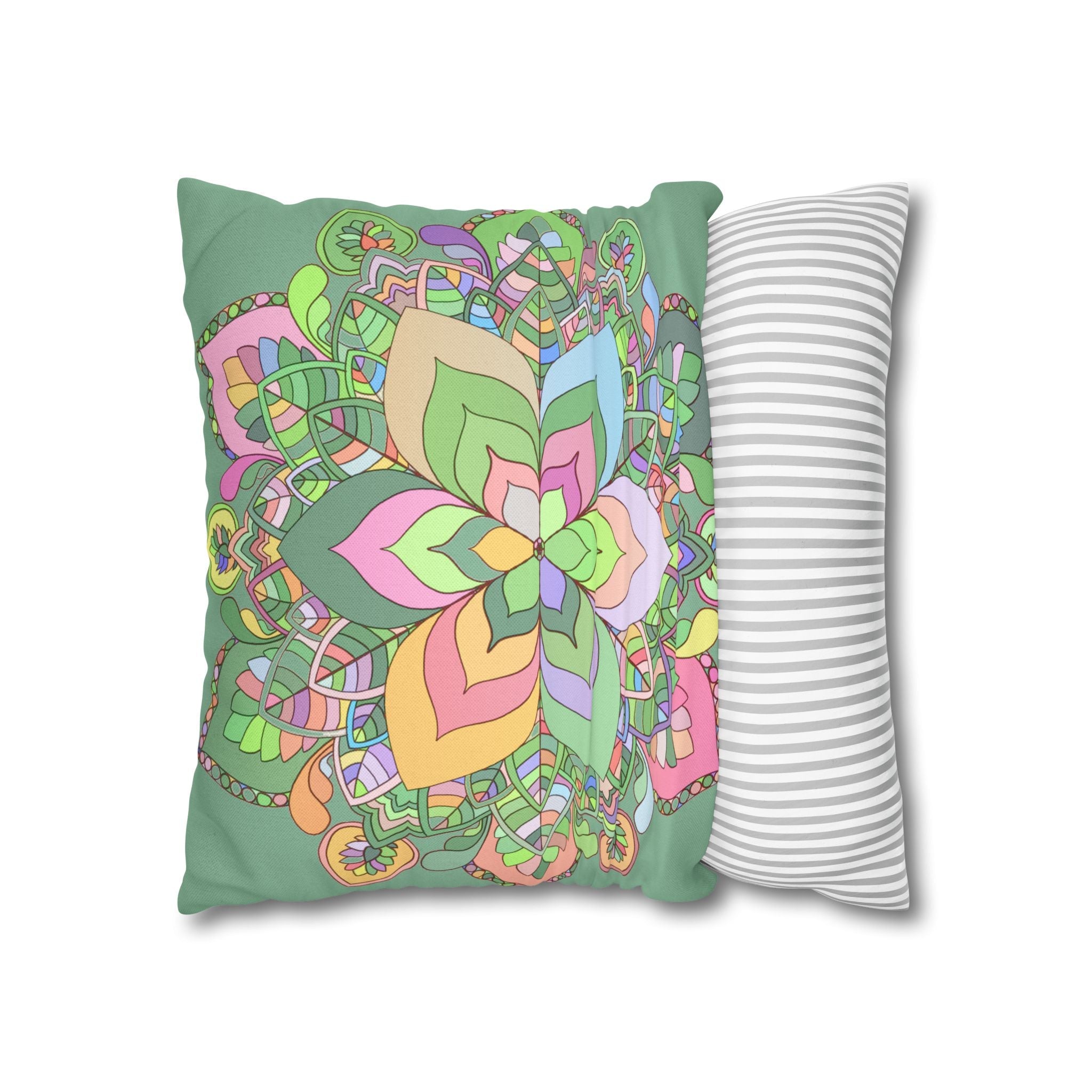 Spun Polyester Square Pillowcase Mandala Art - Original Fine Art - Hand - drawn - Pastel colors, Light Moss Green - Blululi