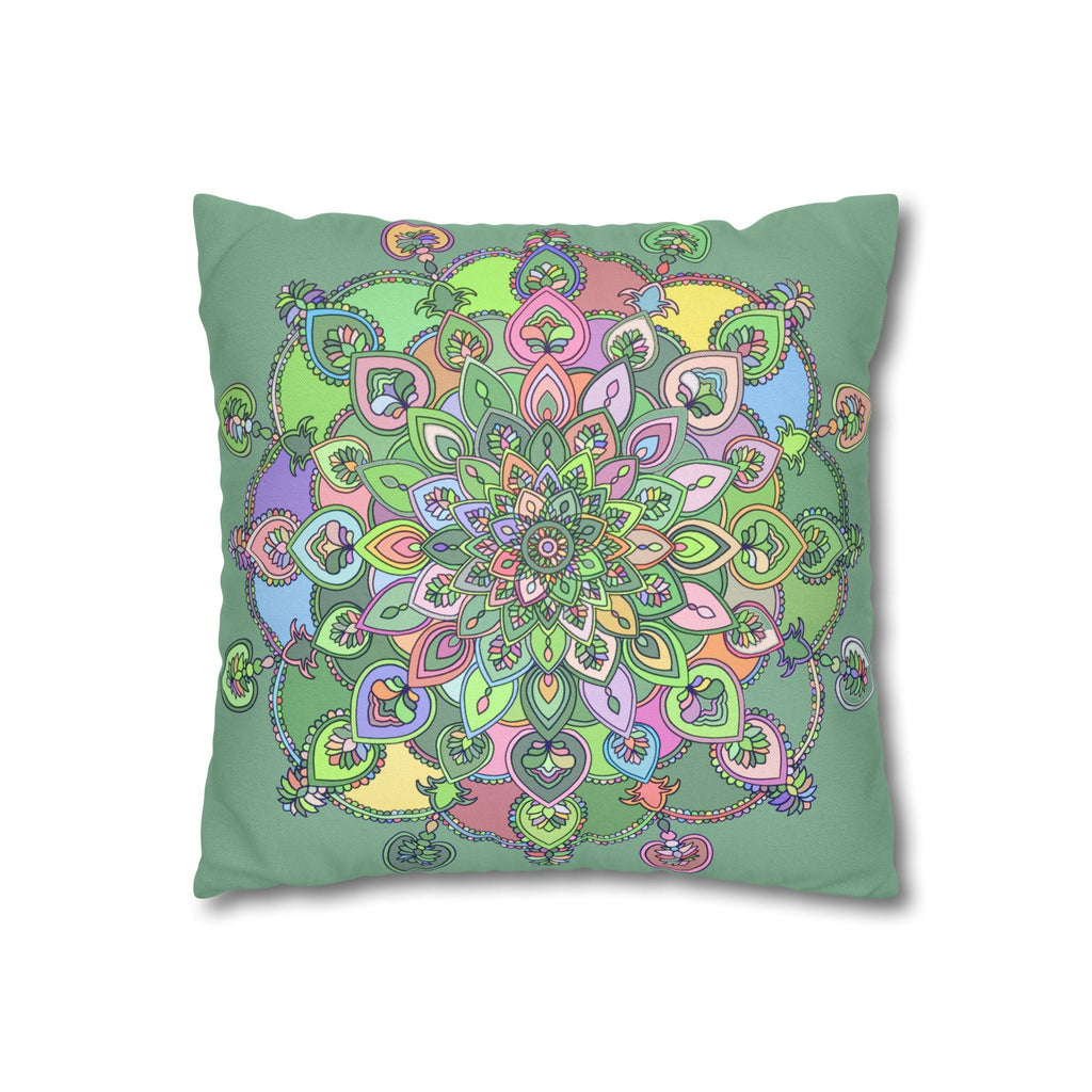 Spun Polyester Square Pillowcase Mandala Art - Original Fine Art - Hand - drawn - Pastel colors, Light Moss Green - Blululi