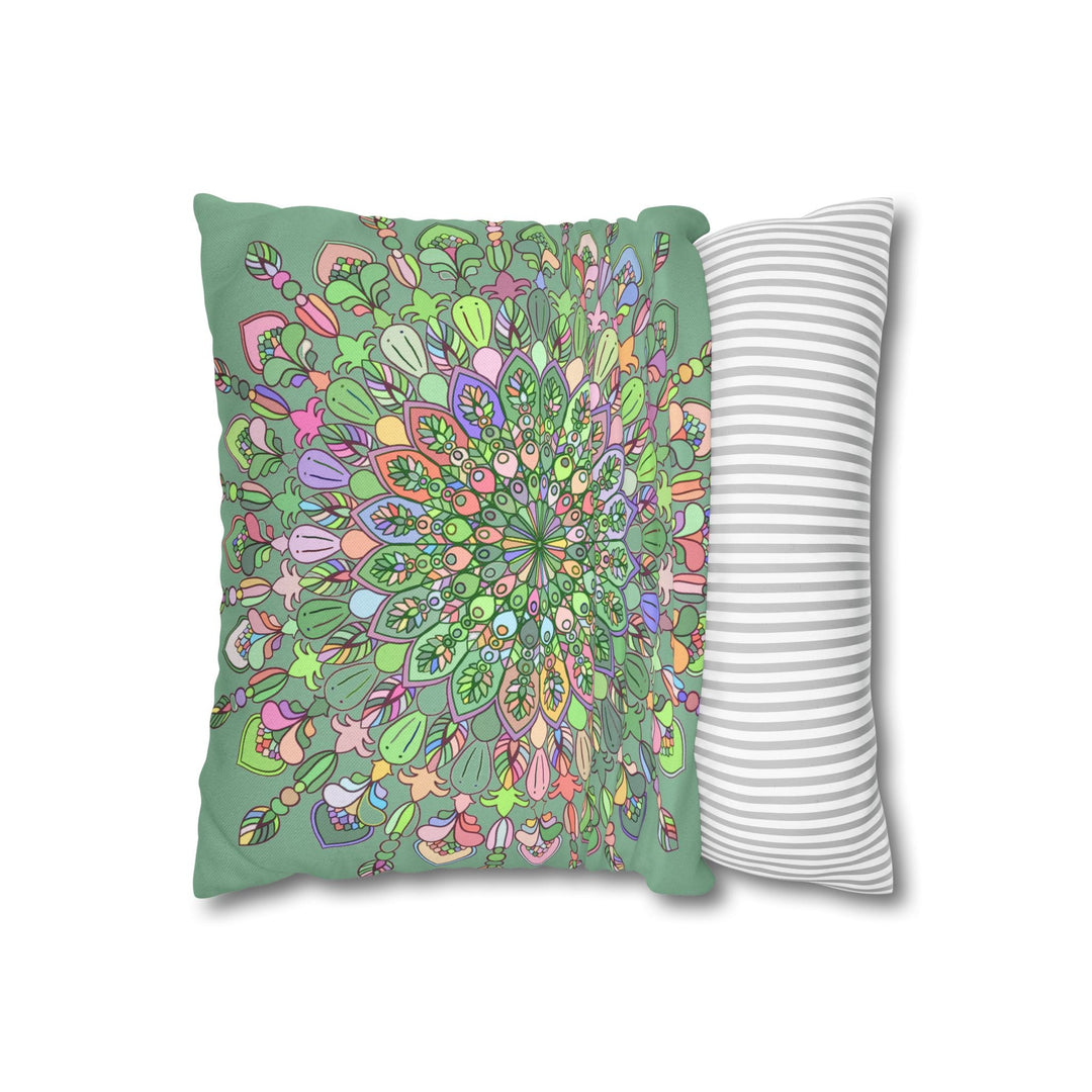 Spun Polyester Square Pillowcase Mandala Art - Original Fine Art - Hand - drawn - Pastel colors, Light Moss Green - Blululi