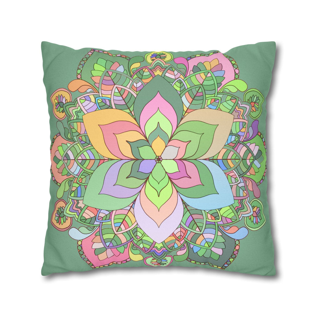 Spun Polyester Square Pillowcase Mandala Art - Original Fine Art - Hand - drawn - Pastel colors, Light Moss Green - Blululi